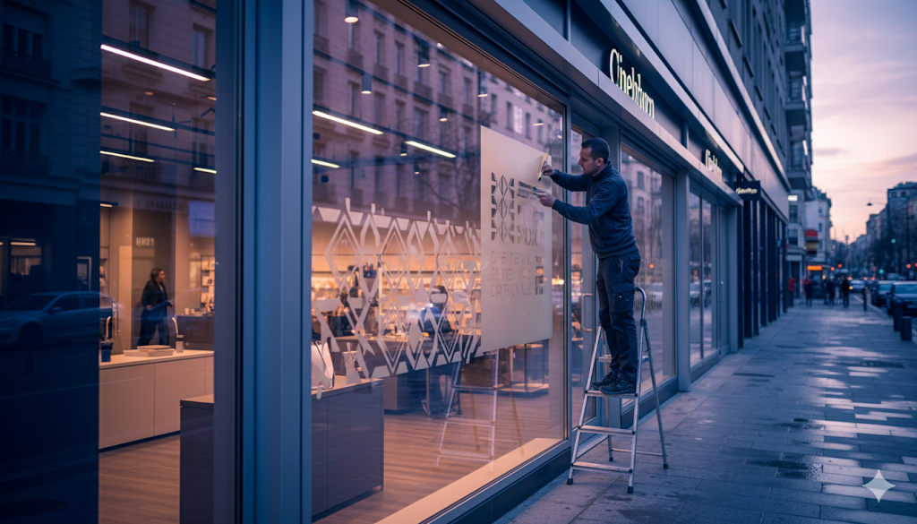 Pose de vitrophanie professionnelle - Installation films dépoli et microperforé pour vitrines